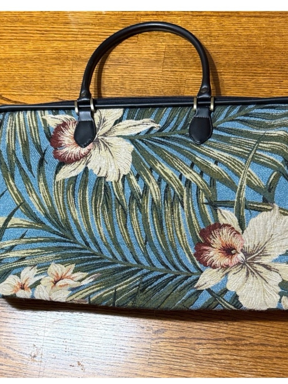 Bueno Floral Tropical Blue Canvas Travel Bag with Brown Leather Handles